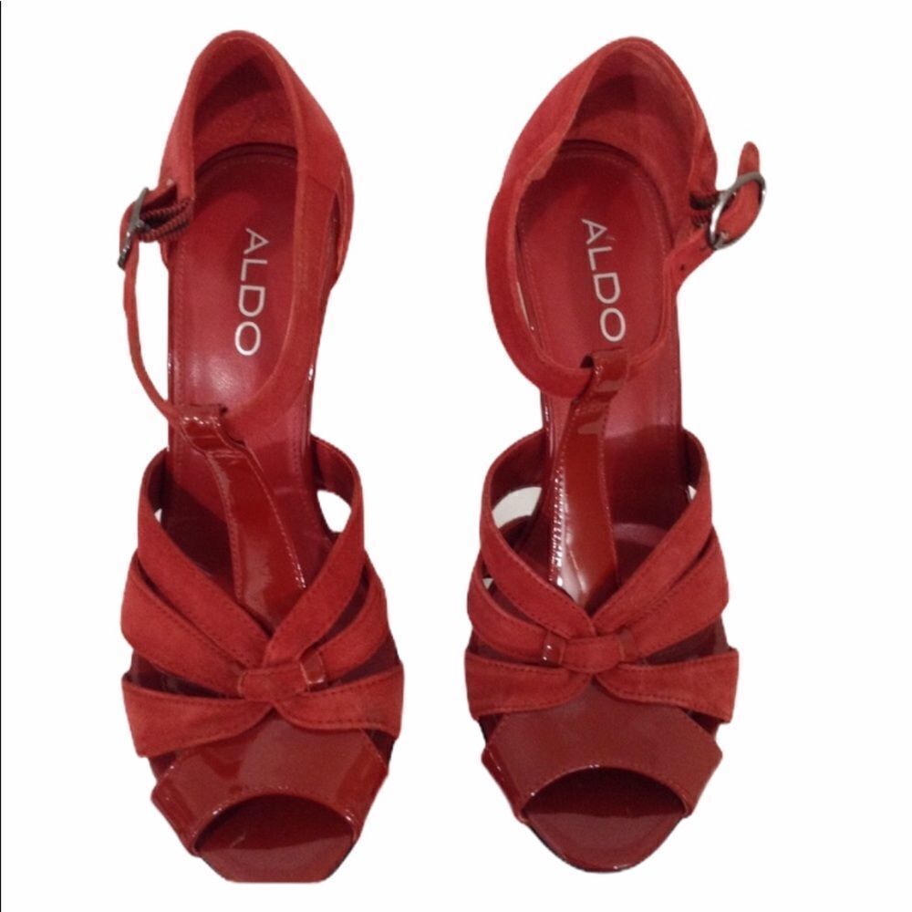 Aldo Red Suede Chunky Heel Platform Strappy Ankle Closure Sandal Size 37